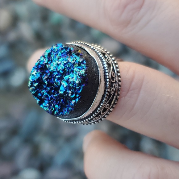 New Blue Titanium Druzy 925 Silver Ring. - Picture 7 of 15